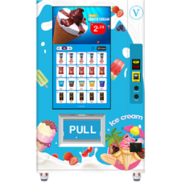 Eisautomat mit verschiedenen Eissorten, bunte Verpackung.